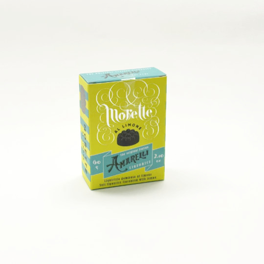 Bittersweet liquorice with natural flavour of lime in a box, italian