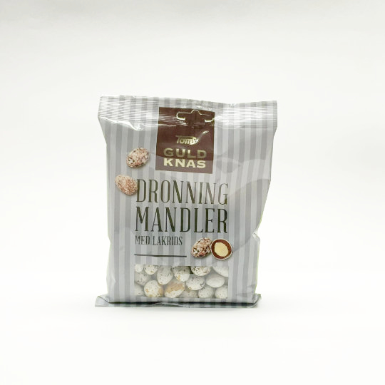 Bag of almonds covered with chocolate and crunchy liquorice, danish