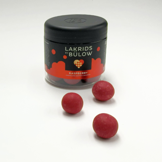 Box liquorice marbels in white chocolate and raspberry extract by Johan Bülow, danish