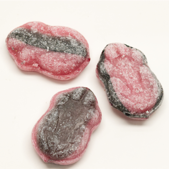 Liquorice candy filled with raspberry and salmiac powder, swedish