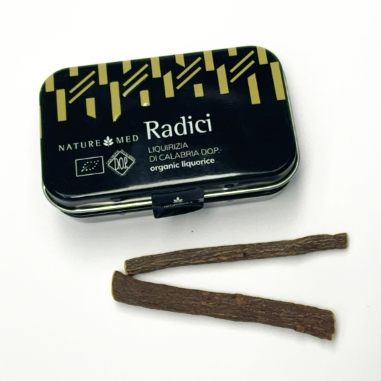 Liquorice roots in a tin, italian