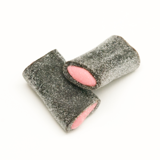 Sprinkled liquorice  rolls filled with raspberry, finnish