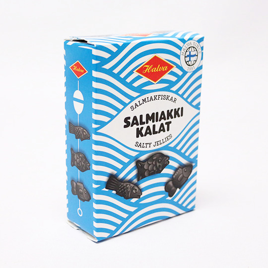 Box of tangy liquorice fishes, finnish