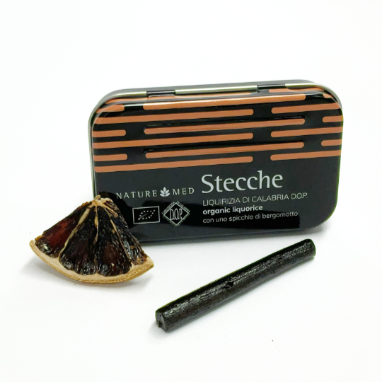 Pure natural liquorice sticks with bergamotte in a tin, italian